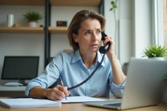 Femme au téléphone dans un bureau à domicile pour contacter l'Urssaf et comprendre un appel de cotisation