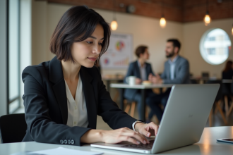 Femme concentrée travaillant sur son ordinateur dans un espace coworking