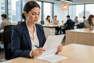 Femme en blazer marine relisant attentivement un contrat de travail à son bureau dans un open space moderne