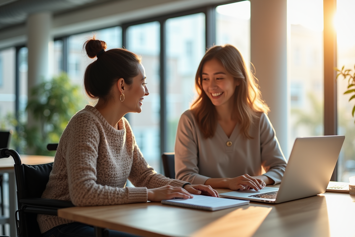 Deux femmes collaborent au bureau avec un ordinateur portable