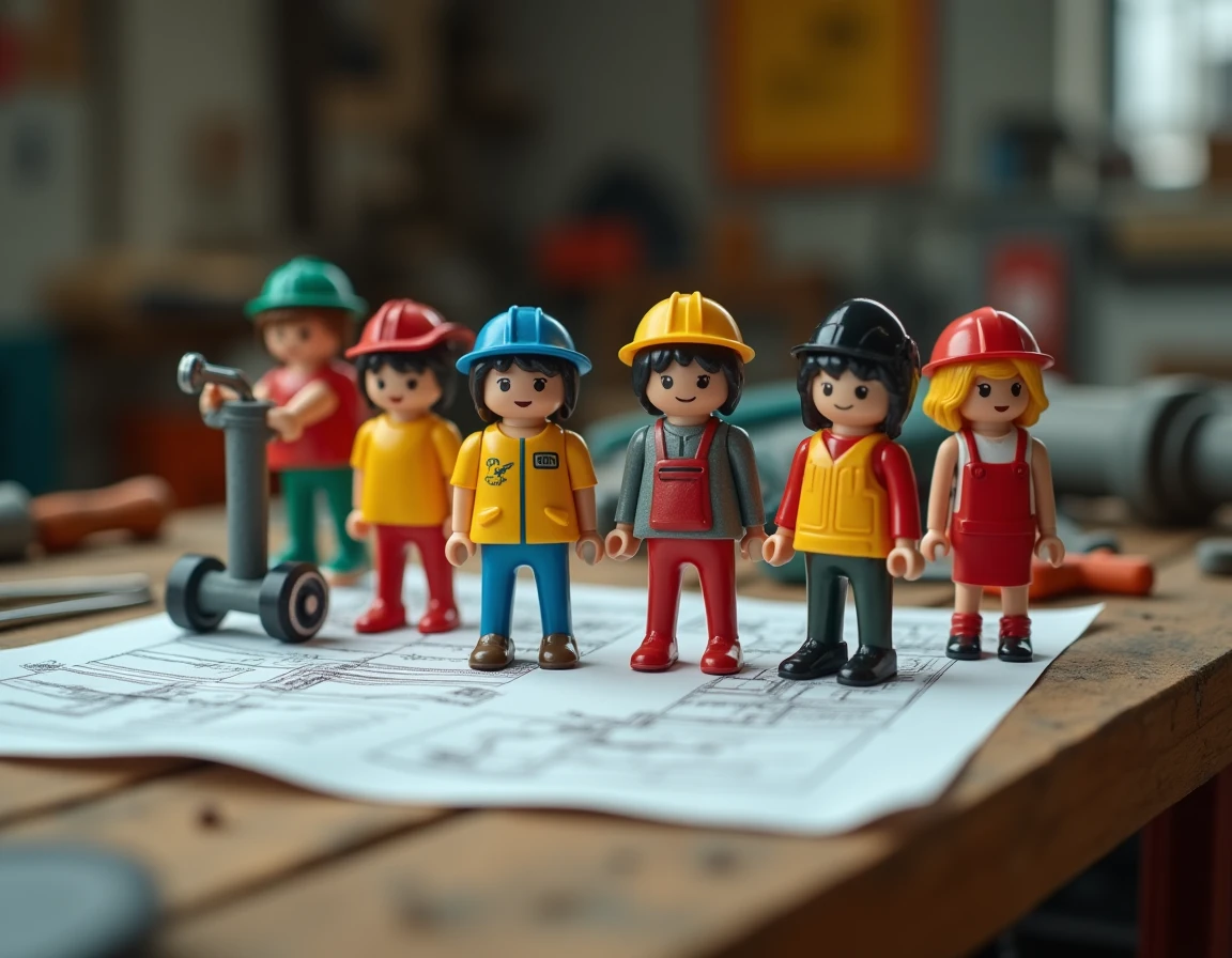 Figurines en plastique colorées de style Playmobil disposées sur un établi d'usine allemande avec l'étiquette Made in Germany