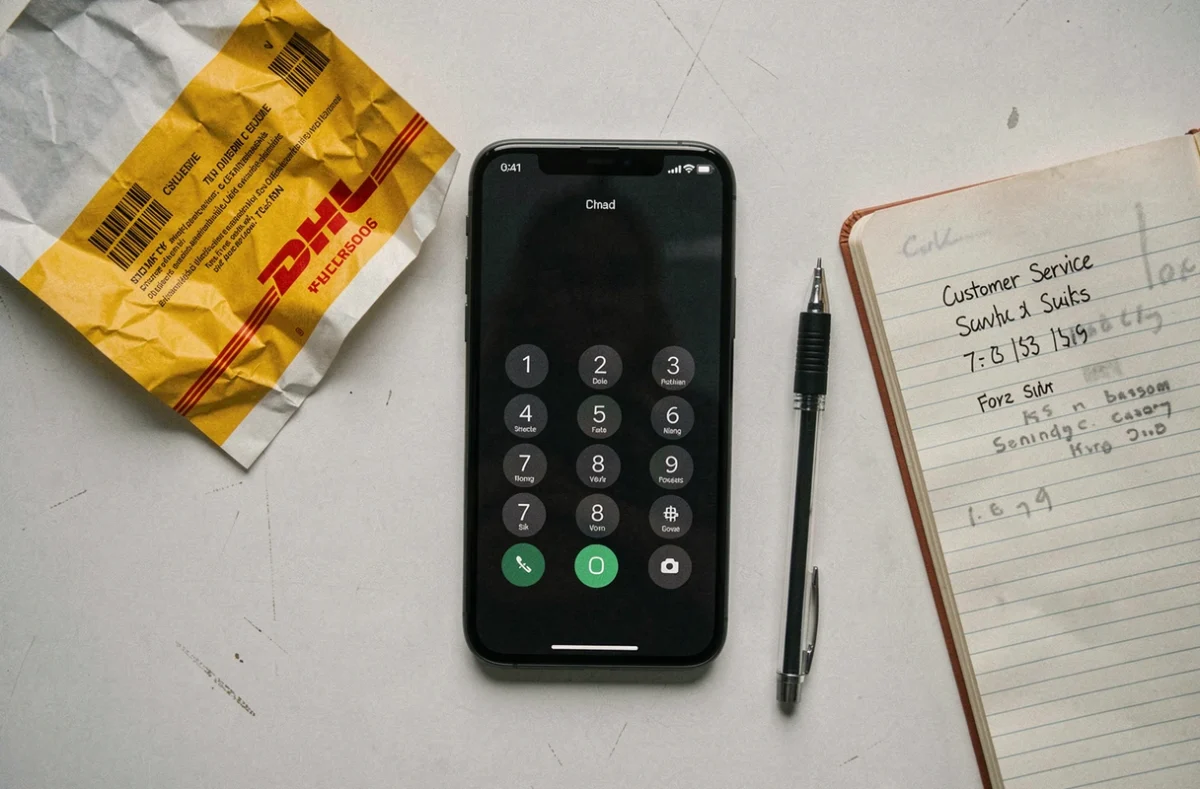 Vue de dessus d'un smartphone avec numéro DHL service client, étiquette colis et carnet de notes sur un bureau