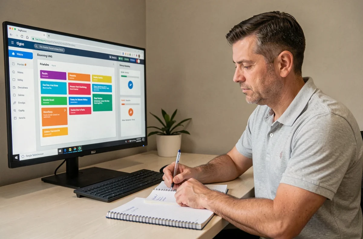 Homme suivant une formation WATERP en ligne sur un ordinateur dans un bureau à domicile organisé