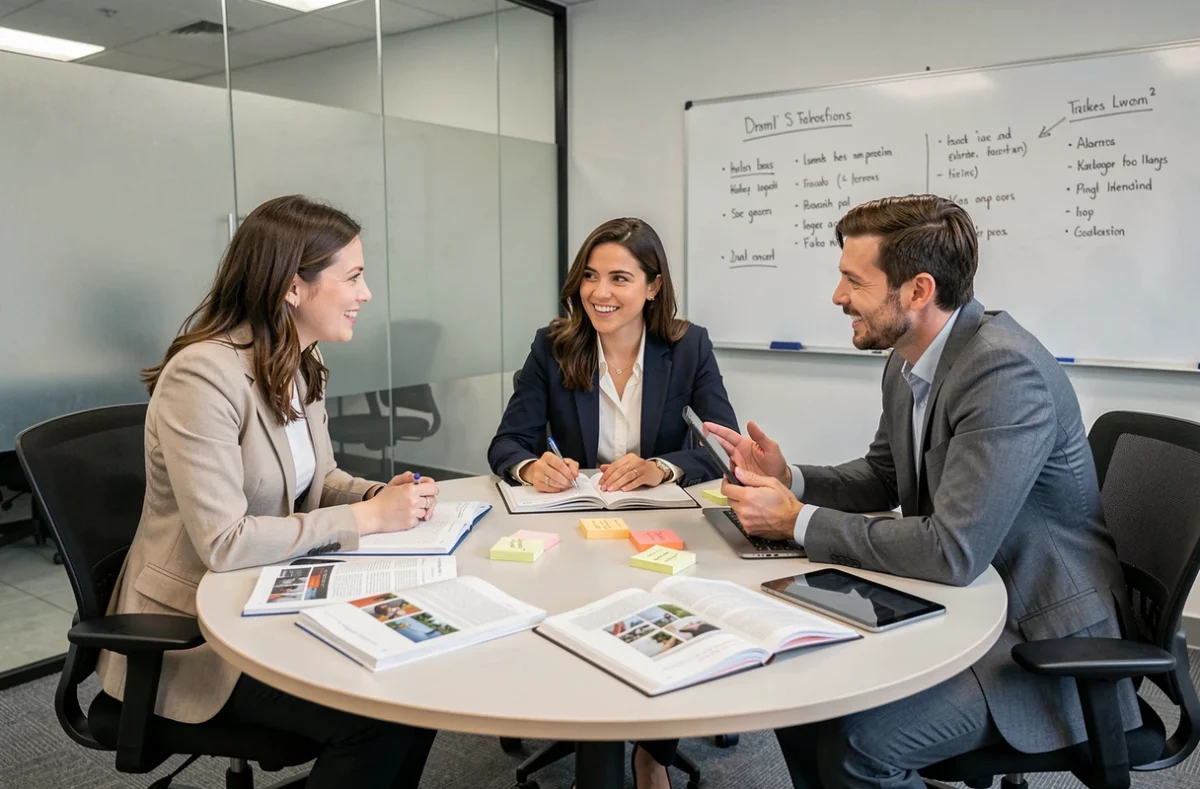 Groupe de professionnels en session de formation WATERP autour d'une table de salle de réunion avec supports de cours