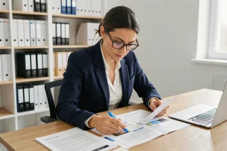 Professionnelle en formation WATERP étudiant des supports pédagogiques dans un espace de coworking moderne