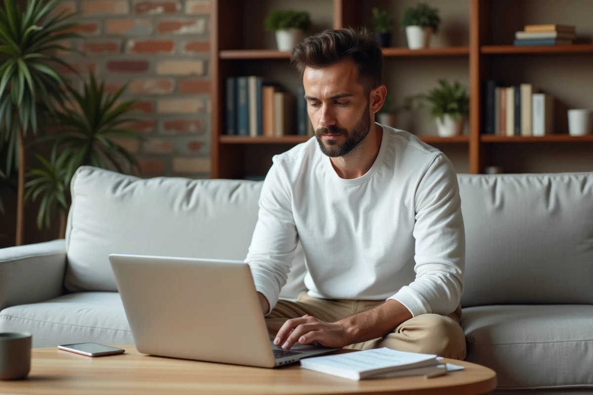 Travailleur indépendant analysant ses heures annuelles de travail sur ordinateur depuis son domicile
