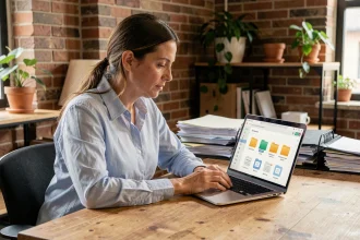 Femme cheffe d'entreprise utilisant une solution de gestion documentaire numérique sur son ordinateur portable dans un petit bureau moderne