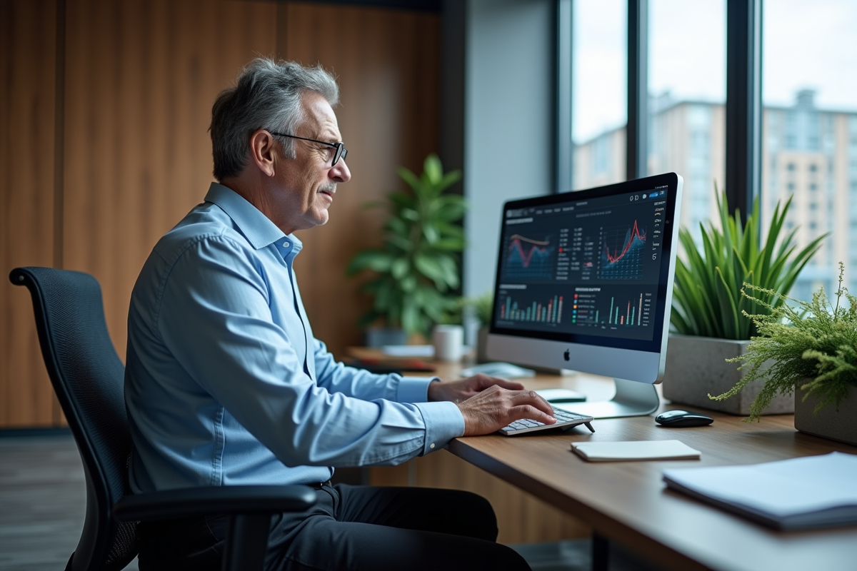 Manager IT travaillant seul sur son ordinateur avec graphiques ERP