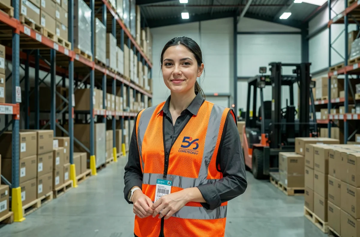 Femme logisticienne en gilet de sécurité orange personnalisé dans un entrepôt moderne avec rayonnages industriels
