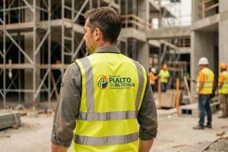 Ouvrier du bâtiment portant un gilet de sécurité jaune personnalisé avec logo d'entreprise sur un chantier urbain
