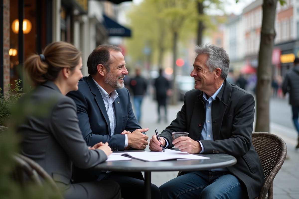 Groupe de trois personnes discutant au café en extérieur