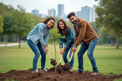 Groupe de trois adultes plantant un arbre dans un parc