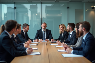 Groupe de professionnels en réunion dans une salle moderne