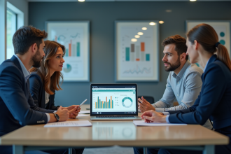 Quatre professionnels lors d'une réunion autour d'un ordinateur avec logiciel ERP