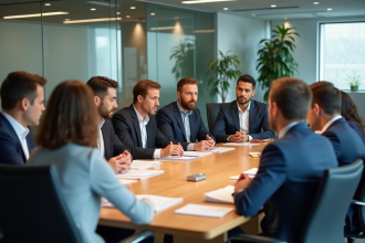 Groupe de salariés en réunion sur la sécurité au bureau