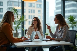 Groupe de trois travailleurs de bureau discutant ergonomie