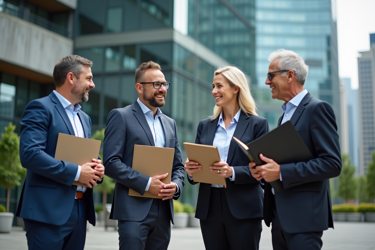 Quatre cadres divers discutent devant un bâtiment moderne