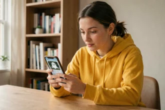 Jeune femme tenant un smartphone affichant un logo fantôme emblématique de Snapchat, explorant l'histoire visuelle de la marque