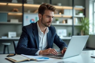 Homme d'affaires analysant des graphiques dans un bureau moderne