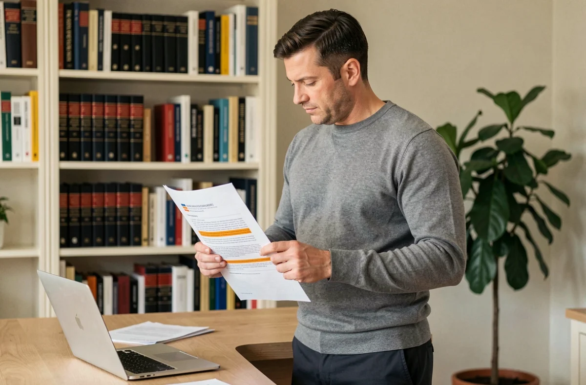 Homme en télétravail analysant les clauses d'un contrat de travail avec un marqueur orange dans un bureau à domicile