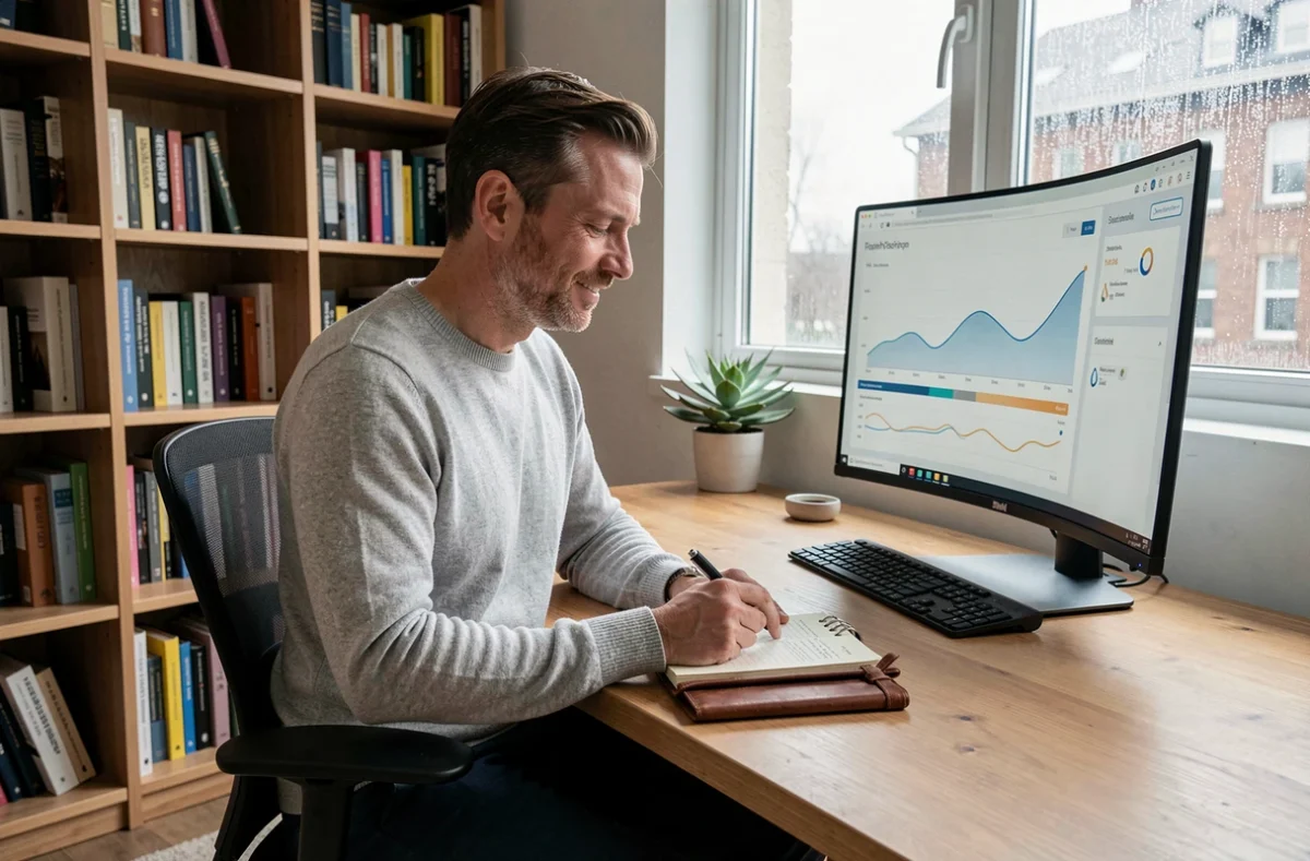 Homme au pull gris analysant des tableaux de bord numériques dans un bureau à domicile moderne, symbolisant l'optimisation de la croissance grâce à des outils numériques avancés