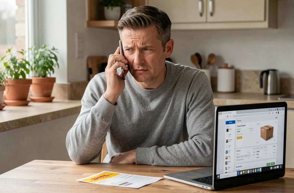 Homme appelant le service client DHL depuis son domicile avec un avis de passage sur la table