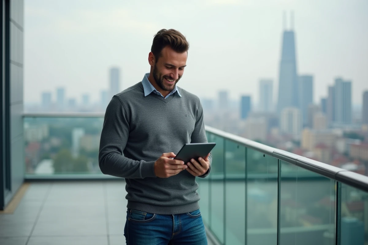 Homme utilisant une tablette sur un balcon avec vue urbaine