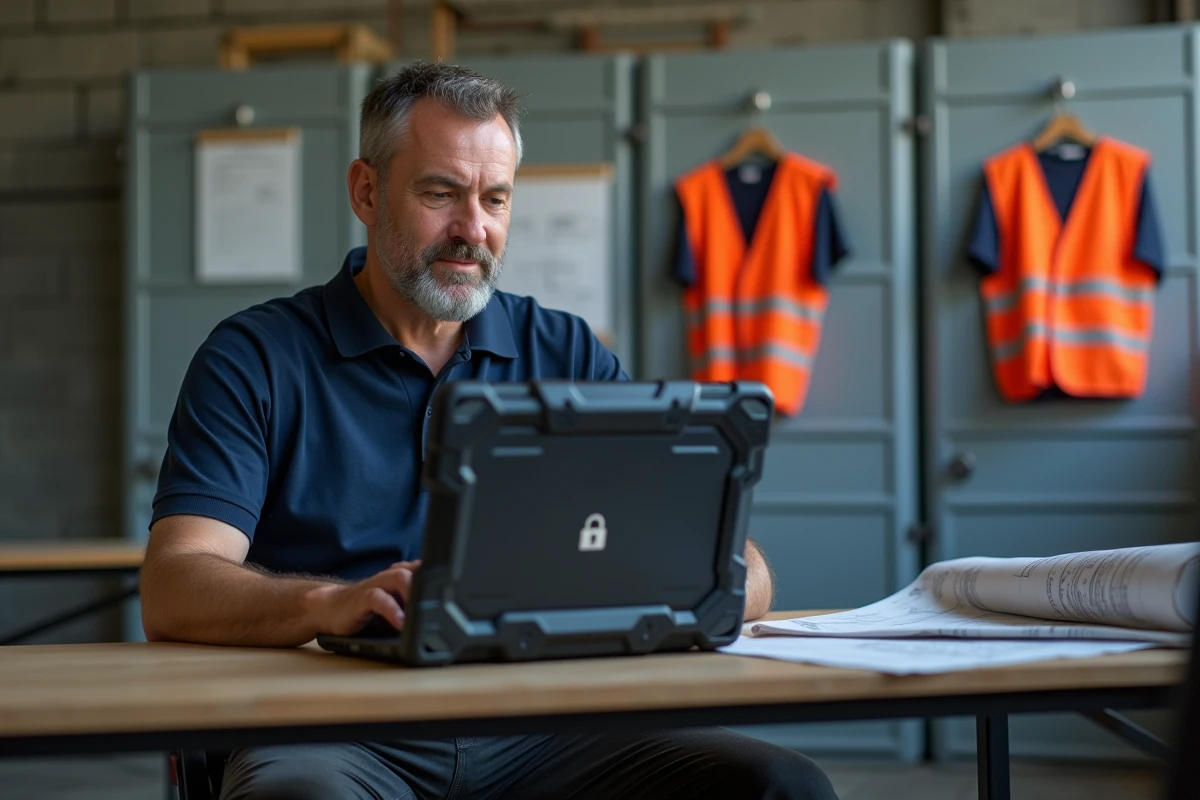 Homme d'âge moyen au bureau avec ordinateur portable sécurisé