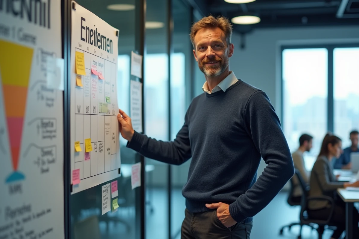Homme présentant un calendrier éditorial de marketing de contenu sur un mur en verre dans un bureau moderne en open space
