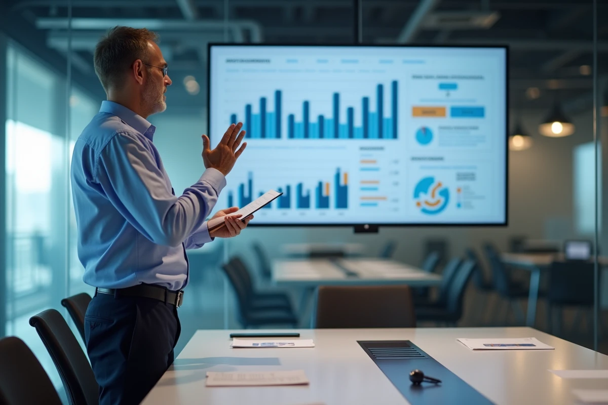 Homme en réunion devant un tableau digital dans une salle vitrée