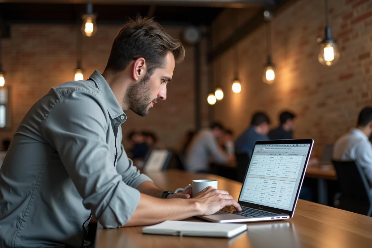Homme en télétravail consultant une feuille de codes de catégories socioprofessionnelles sur ordinateur portable dans un coworking