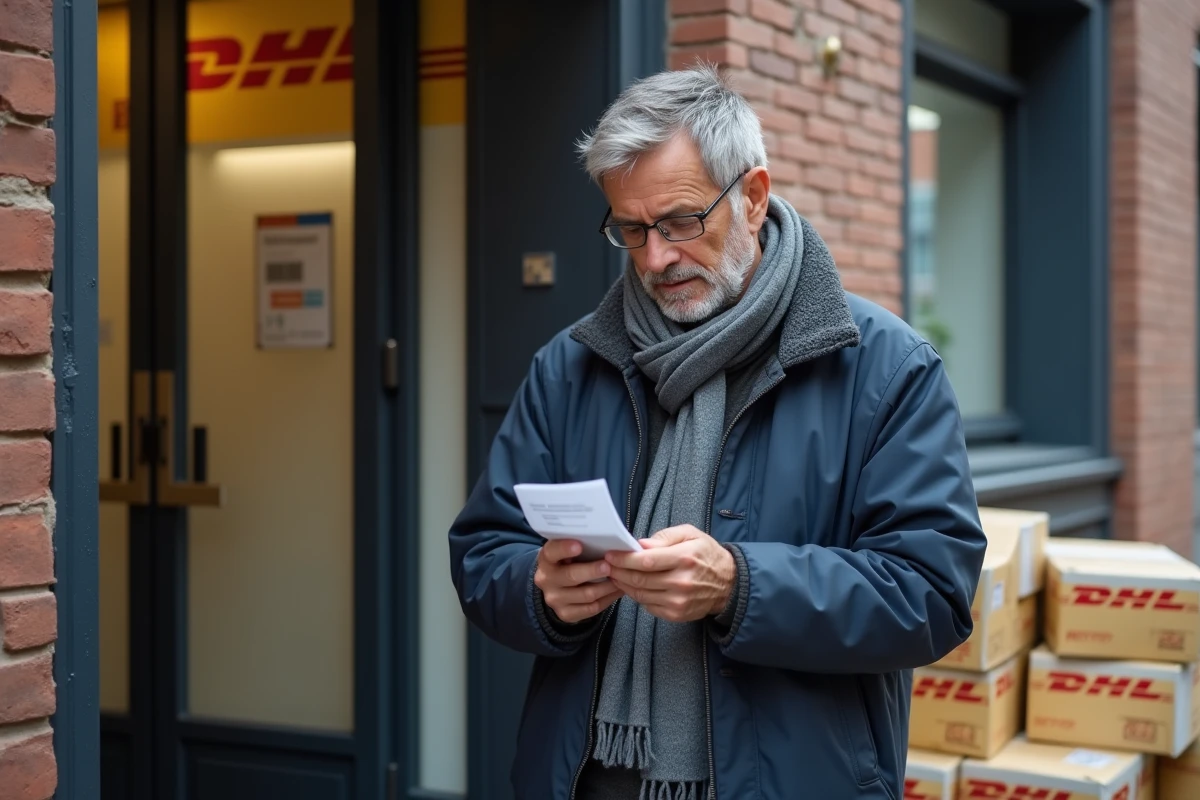 Homme regardant un avis de livraison devant un magasin DHL