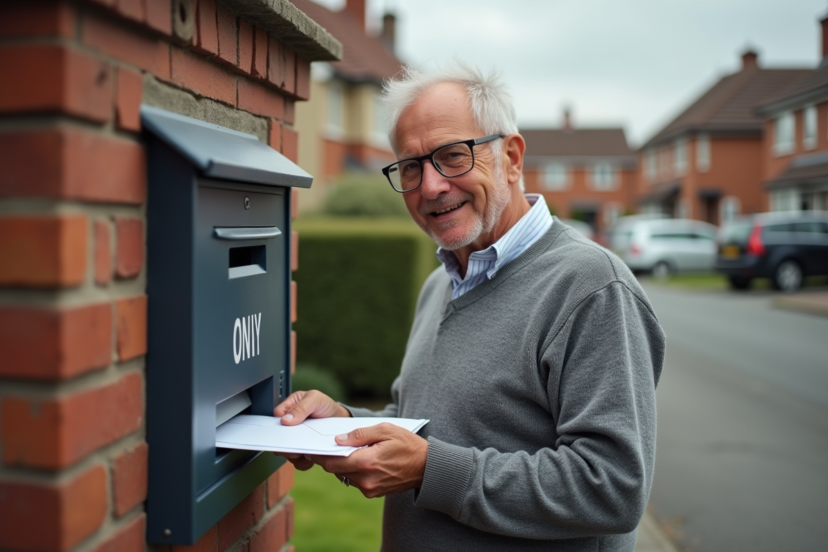 Homme déposant une enveloppe dans une boîte aux lettres de quartier