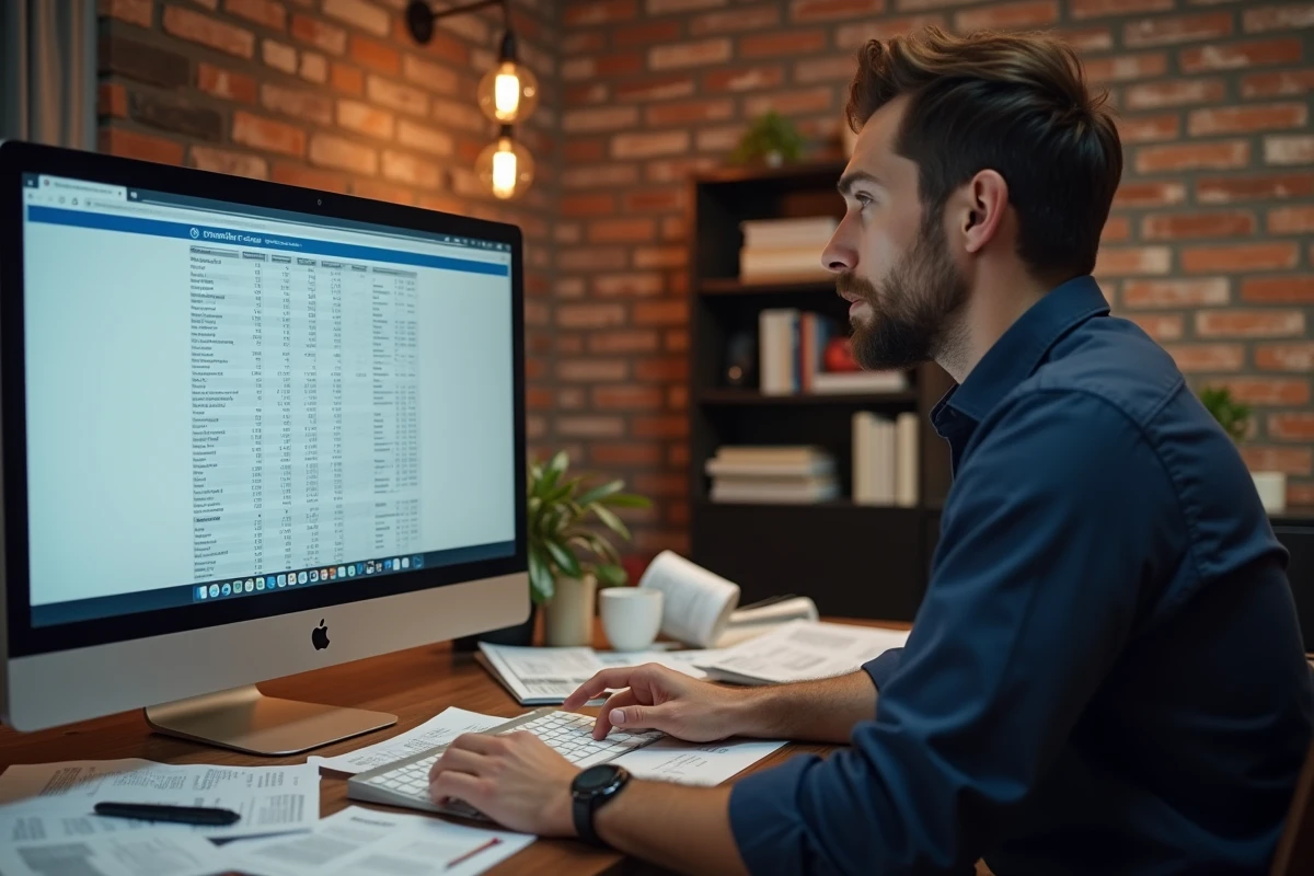 Homme recherchant l'index ING INSEE officiel sur un ordinateur de bureau depuis son bureau à domicile
