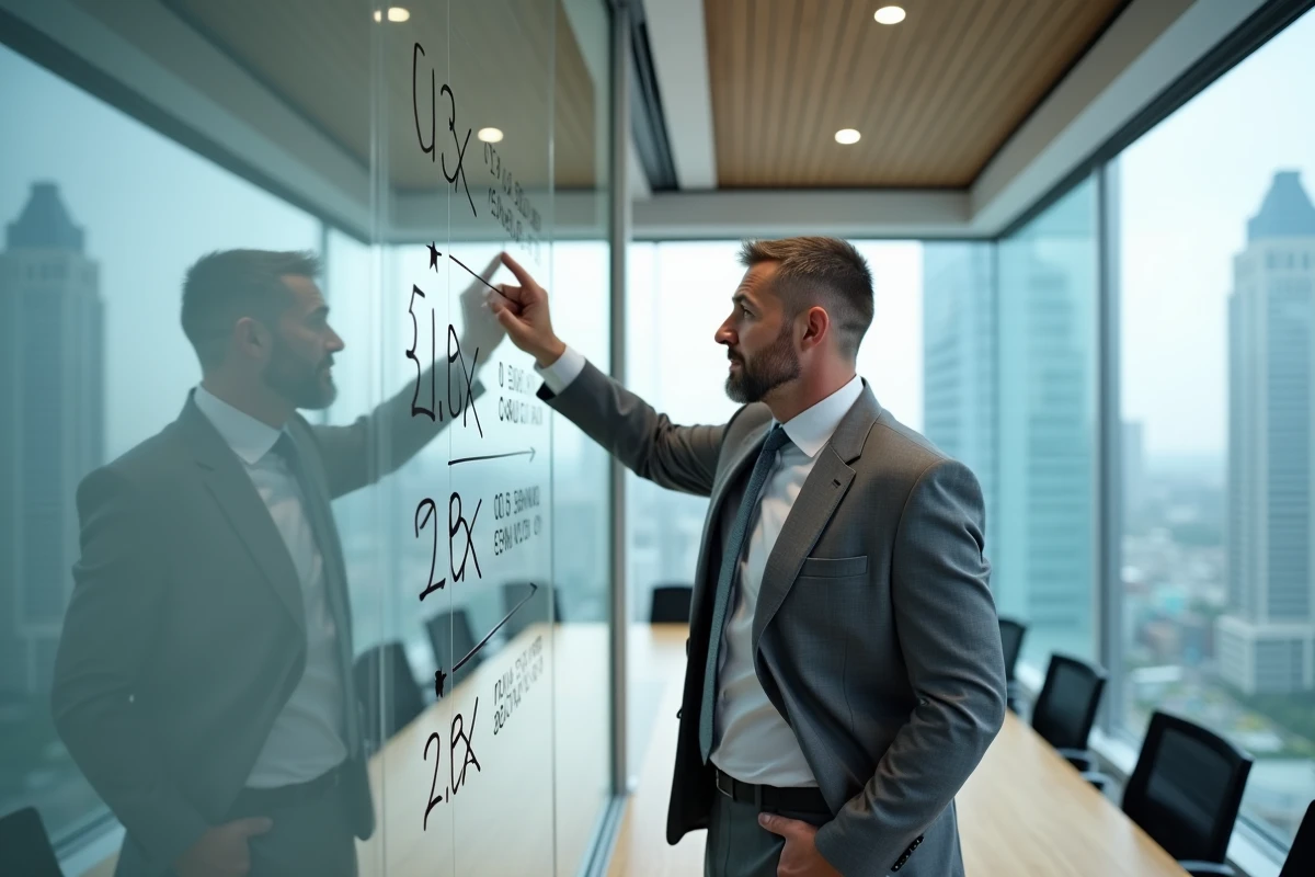 Cadre masculin présentant un calcul d'heures annuelles devant un tableau blanc en salle de réunion