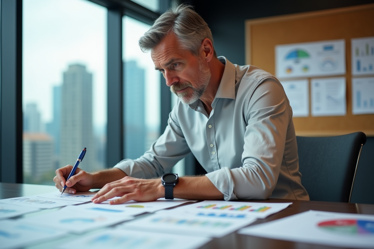 Homme examinant des graphiques Excel imprimés sur une table