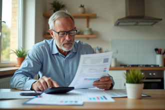 Homme d'âge moyen examinant documents financiers à la cuisine