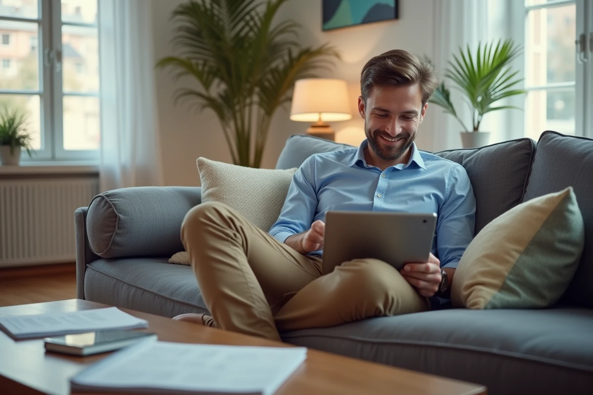 Homme relaxant sur un canapé en lisant sur sa tablette