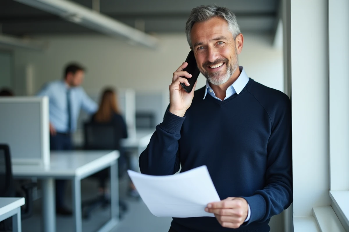 Homme en open space consultant un document administratif au téléphone pour joindre l'Urssaf