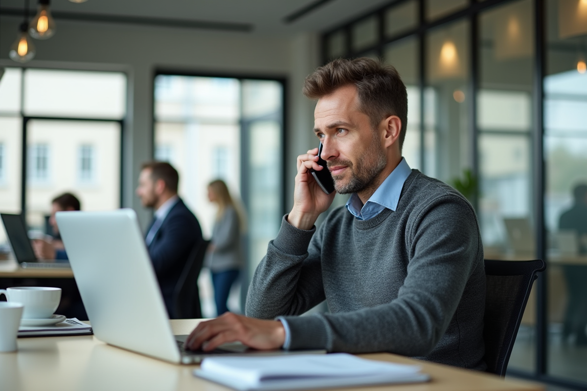 Homme en coworking parlant au téléphone et tapant sur son ordinateur