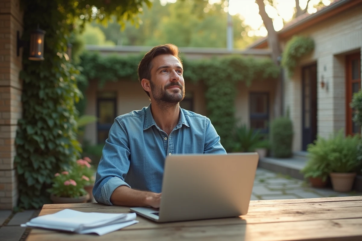 Homme travaillant en plein air dans une cour jardinée, symbolisant la réconciliation entre travail épanouissant et bonheur quotidien