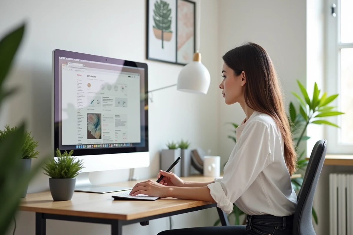 Indépendante freelance en design consultant des maquettes de site web sur un grand écran dans un bureau minimaliste à domicile