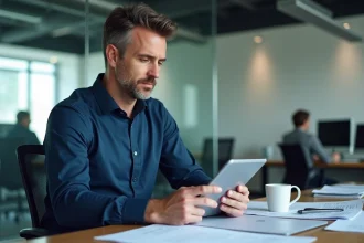 Ingénieur Altran en mission chez un client, consultant ses documents sur tablette dans un bureau moderne en open space