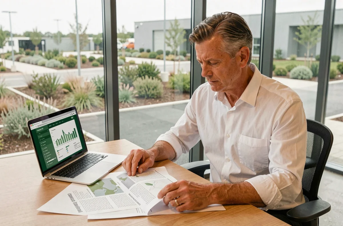 Ingénieur analysant un rapport d'impact environnemental dans un espace de co-working donnant sur un parc industriel durable