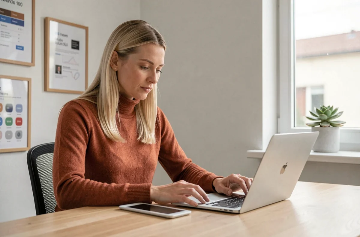 Designer UX du studio Inleven travaillant sur des interfaces de site internet avec une tablette et un ordinateur portable dans un espace minimaliste