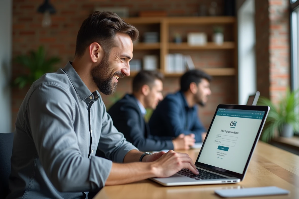 Entrepreneur en train de s'inscrire en ligne à un salon B2B sur son ordinateur portable dans un espace de coworking