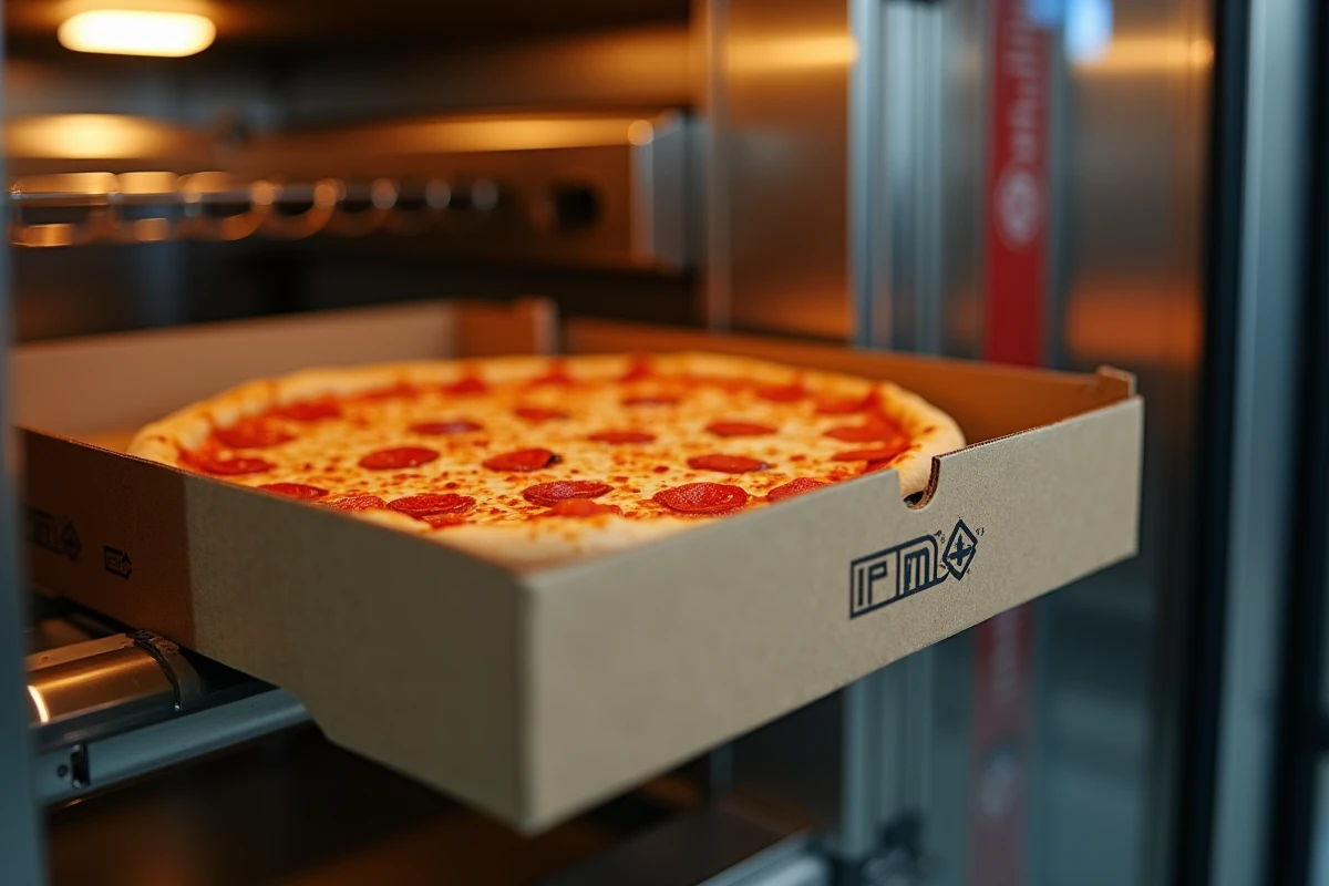 Intérieur du distributeur automatique de pizzas mypizzadoor Pro avec pizza en cours de distribution