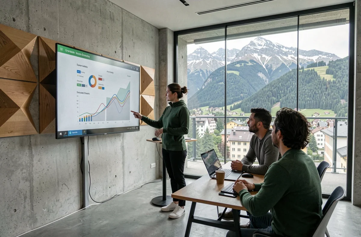Espace Intrepide House à Grenoble avec une femme présentant des données à ses collègues dans un cadre technique alpin innovant