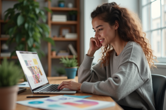 Jeune femme créant un flyer sur son ordinateur à la maison