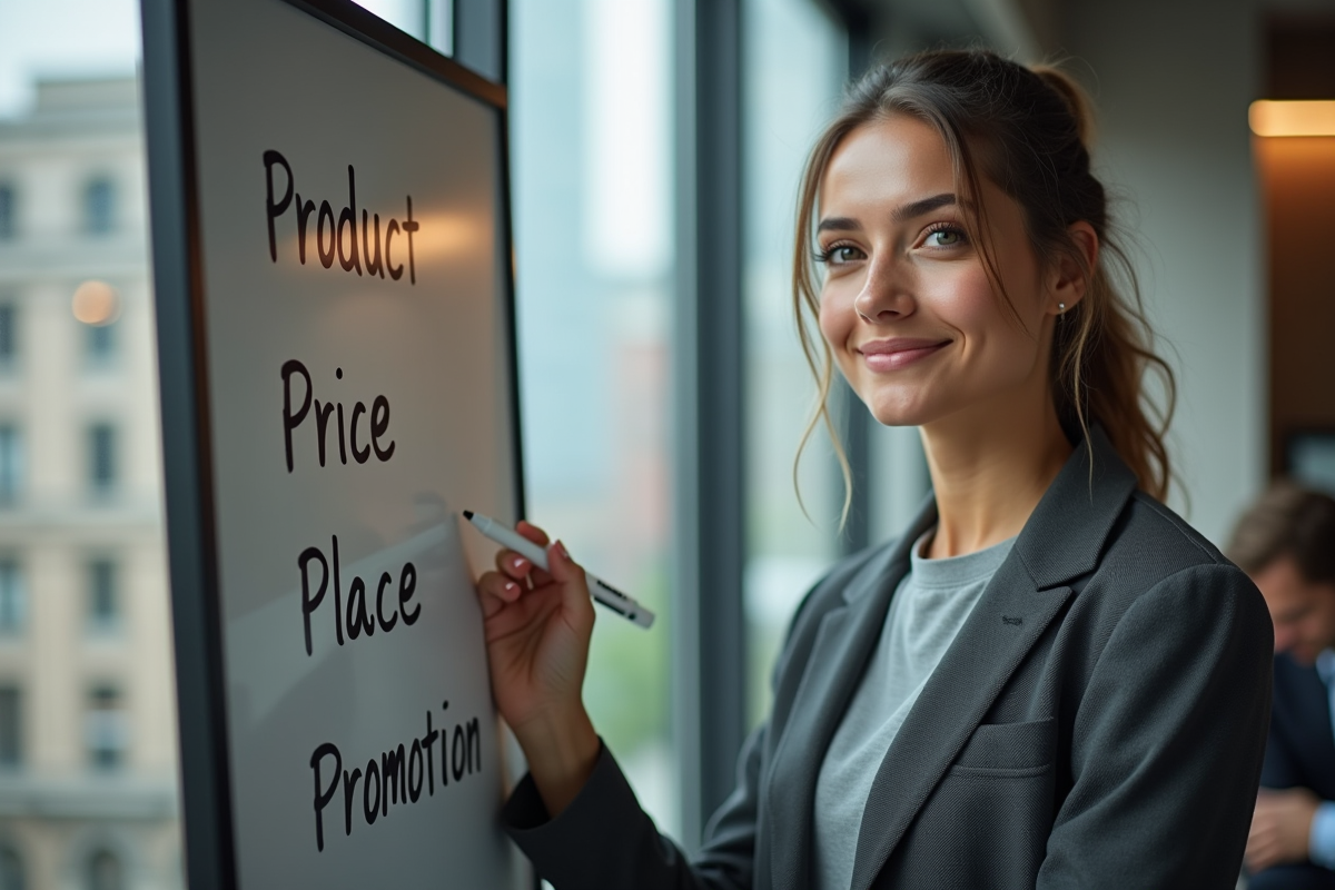 Jeune femme en blazer expliquant les 4P marketing sur un tableau